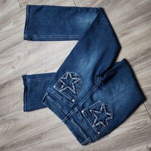 Gemma Rae Denim Bootcut Mid Rise Stretchy Embellished Star Pockets Blue Jeans 9